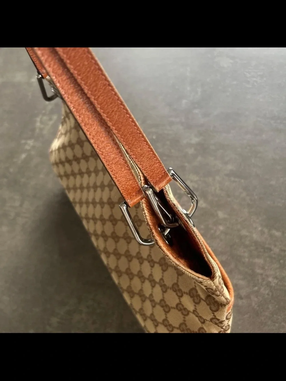 Gucci Brown GG Canvas Shoulder Bag with Tan Leather Trim